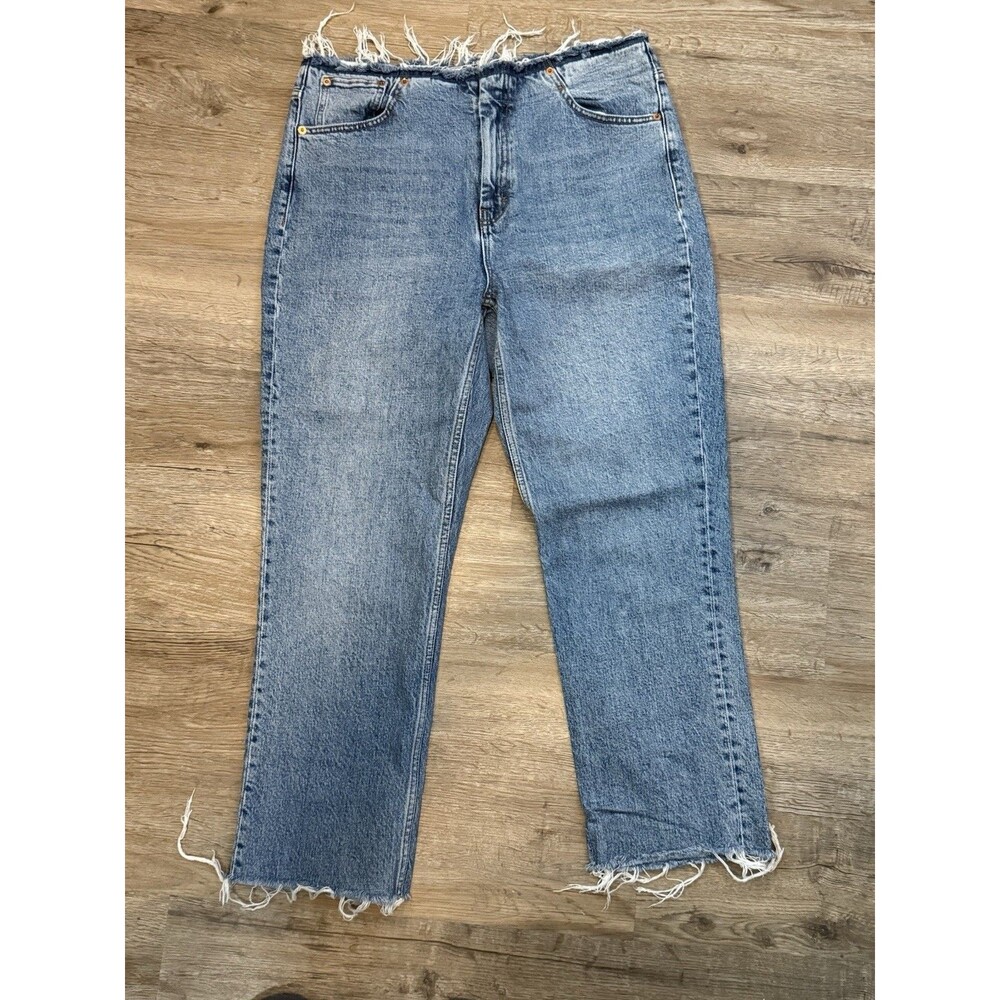 Topshop Women's Blue Straight Denim Jeans Zip Distressed Raw Hem Modified 34x26
